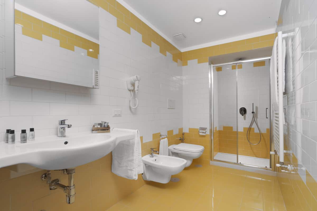 shower, designer toiletries, hair dryer, slippers