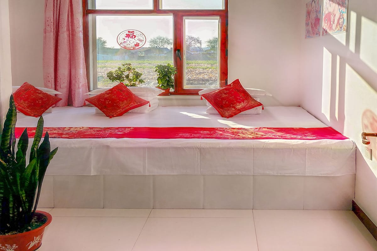 A room with a window seat, red cushions, a potted plant, and a red decorative item on the windowsill.