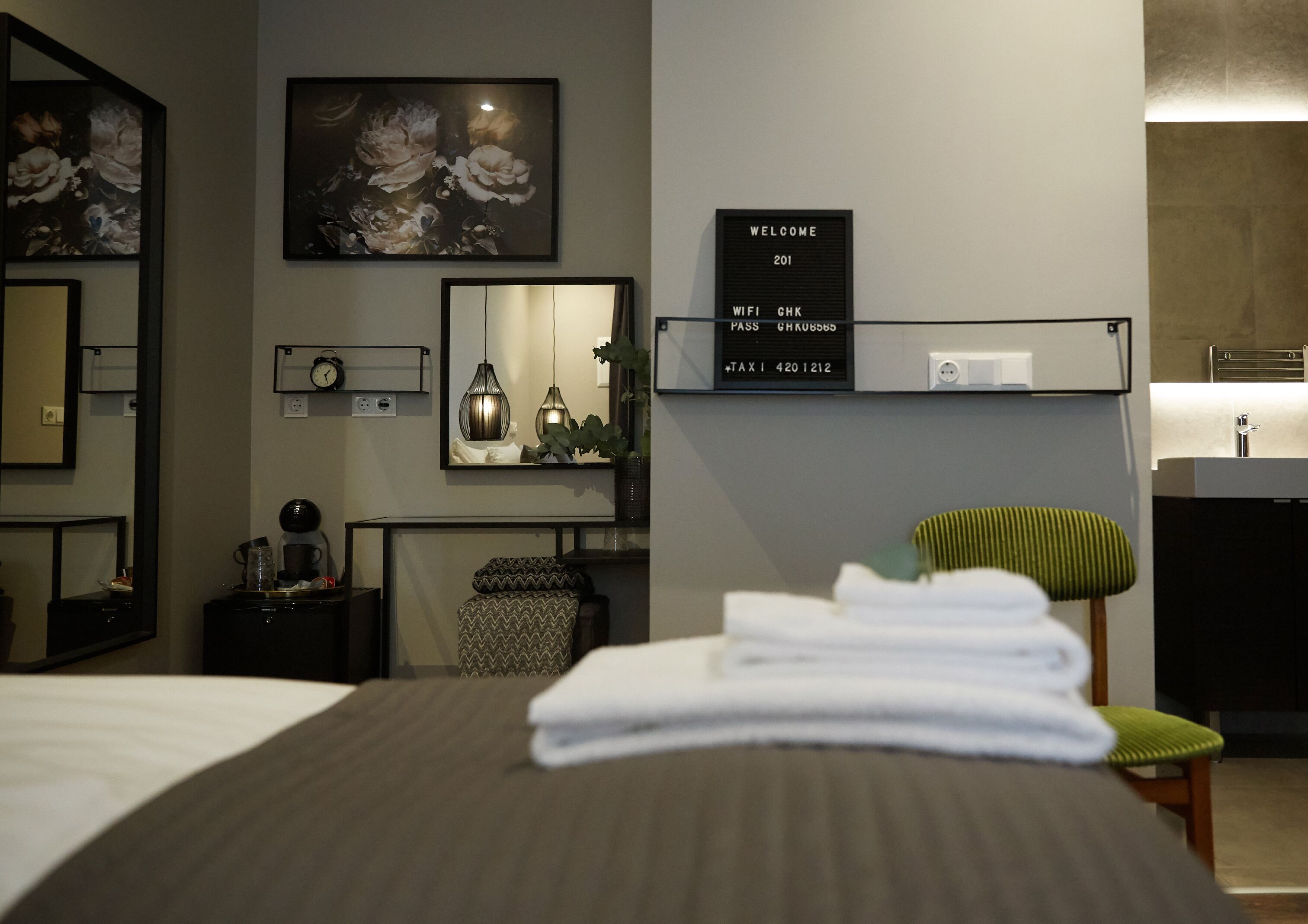 Desk, blackout curtains, soundproofing, iron/ironing board