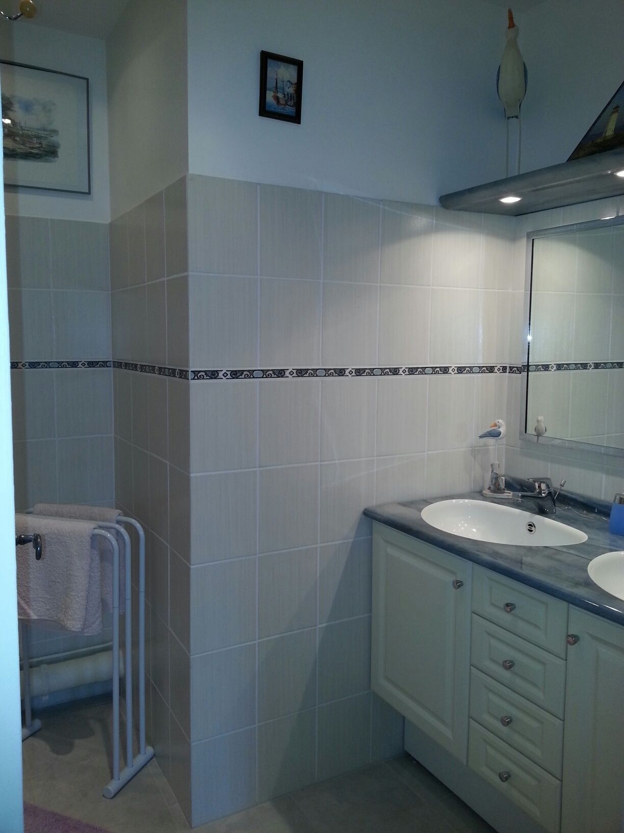 Une salle de bain avec deux lavabos, un porte-serviettes et un miroir.