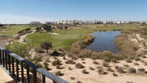 Ein Golfplatz mit Teich, umgeben von Wüstenpflanzen und Wohnhäusern im Hintergrund.