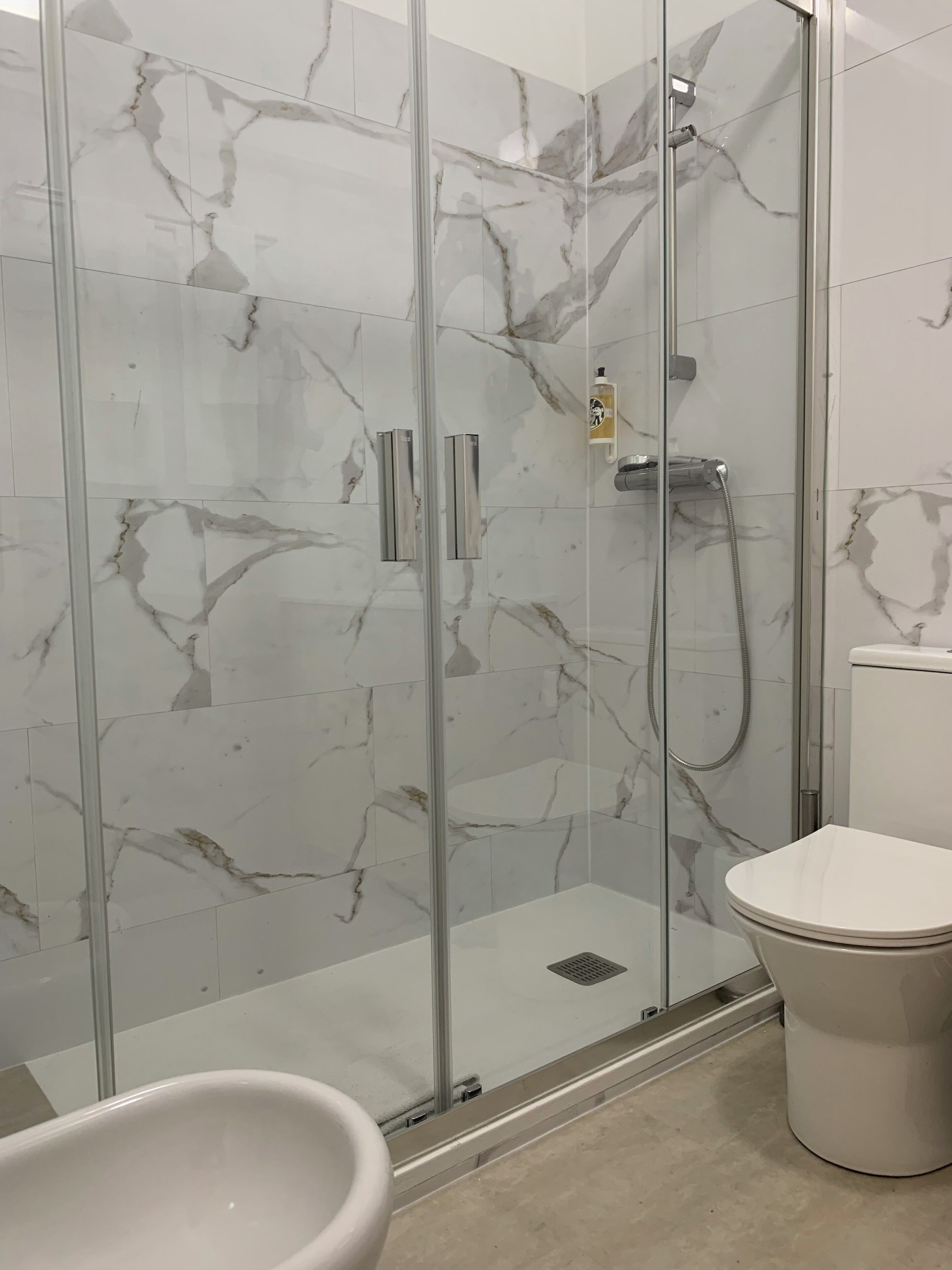 A bathroom with a glass-enclosed shower, a toilet, and a bidet.