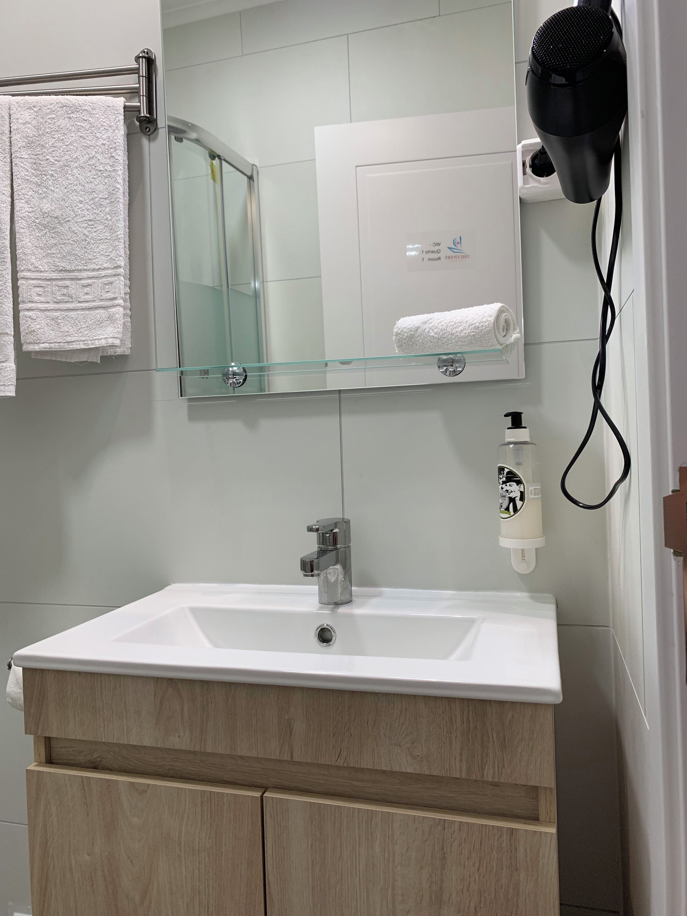 Un baño con un lavamanos blanco, un estante de vidrio, un perchero para toallas, un secador de pelo y un dispensador de jabón.