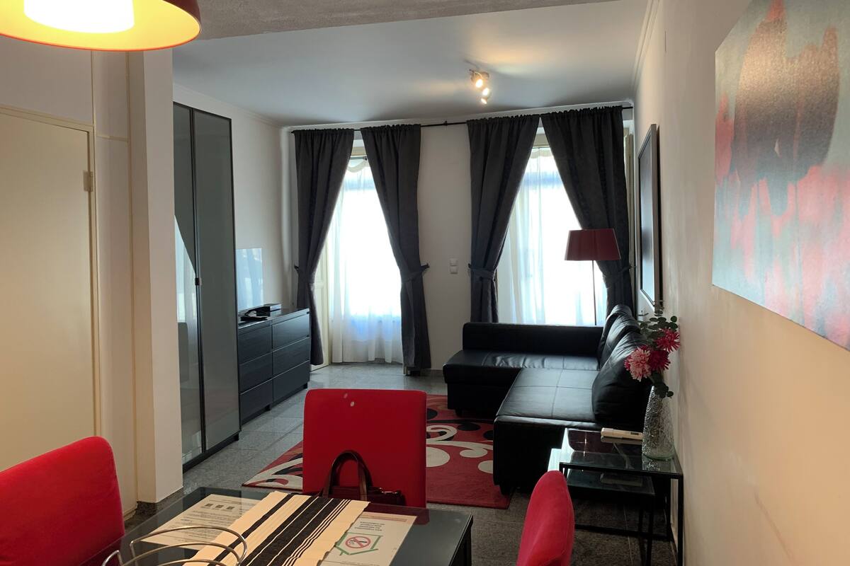 Una sala de estar moderna con un sofá, una mesa de comedor con sillas y una butaca roja. Hay un sofá de cuero negro, una mesa de centro de cristal y un bolso rojo en el suelo.