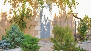 A paved courtyard with a stone wall, a blue door, and various green plants.