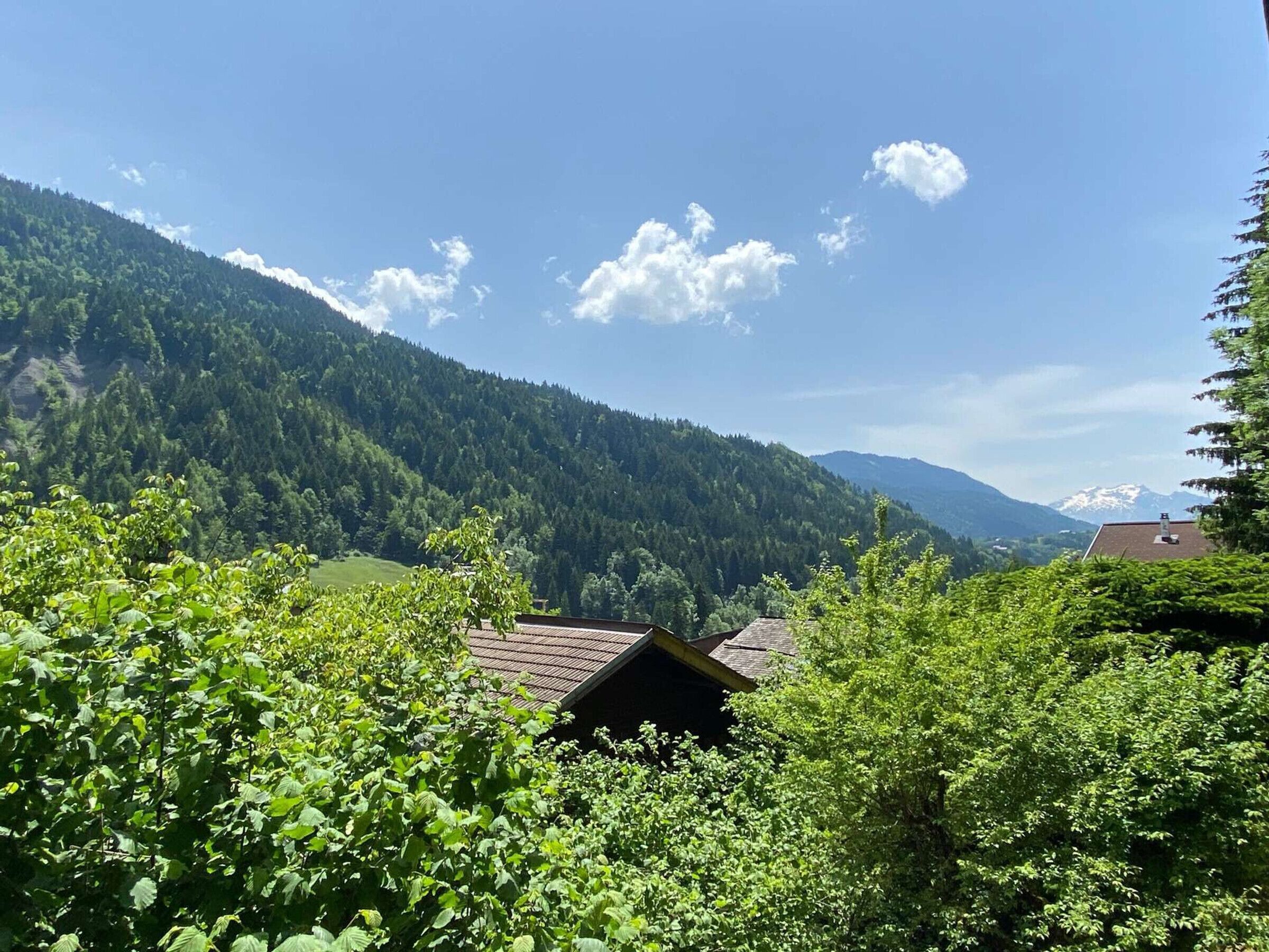 Paesaggio rurale con montagna, un piccolo edificio e vegetazione lussureggiante.