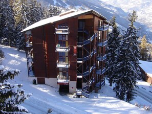 Un edifici de fusta de diversos pisos amb balcons, envoltat d'arbres i muntanyes cobertes de neu.