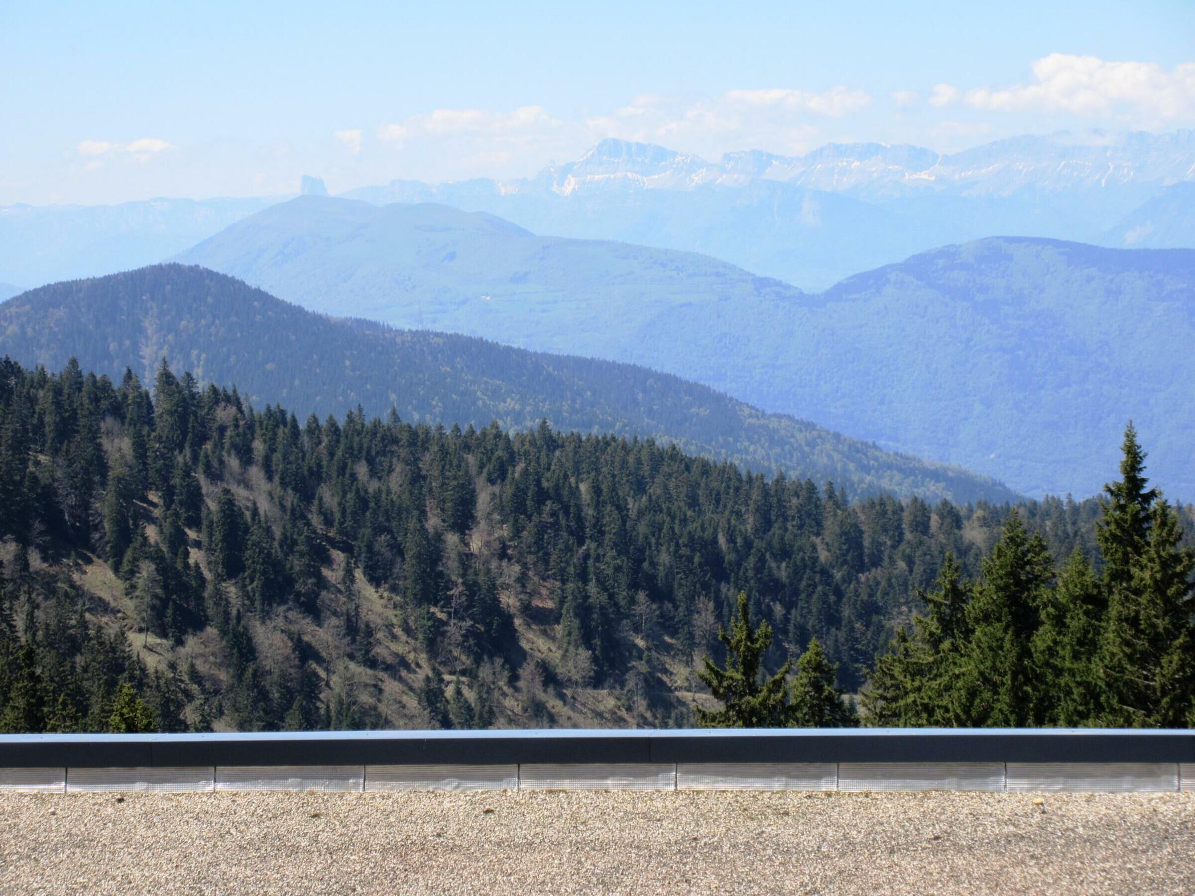 Eine gebirgige Landschaft mit dichten Wäldern und blauem Himmel.