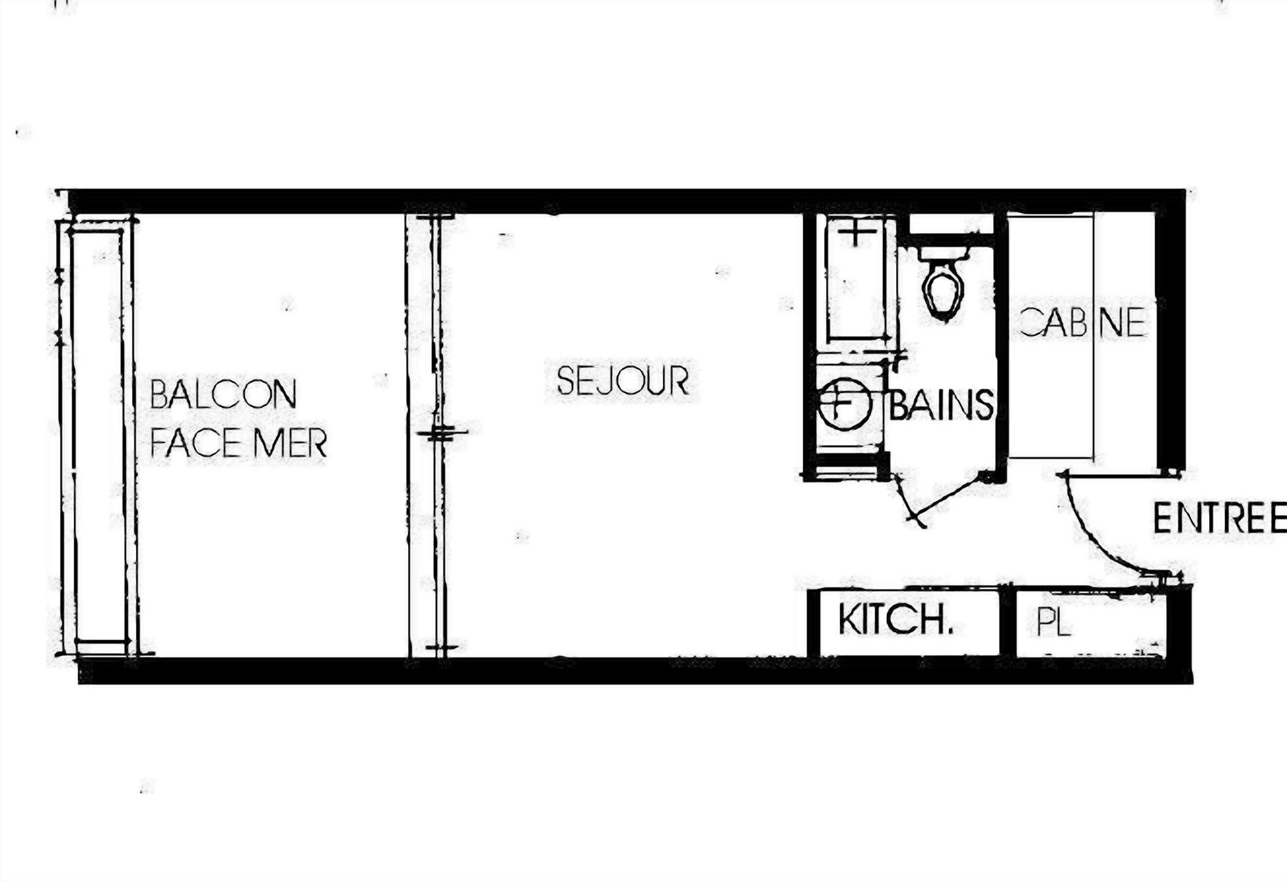 A floor plan with a balcony, ensuite bathroom, kitchen, and a living area.