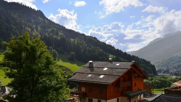 A traditional wooden chalet with a sloped roof, set against a backdrop of lush green hills and a clear blue sky. - Charming Studio for 4 with Terrace, Near Ski Slopes and Village – Le Grand-Bornand (Le Grand-Bornand)