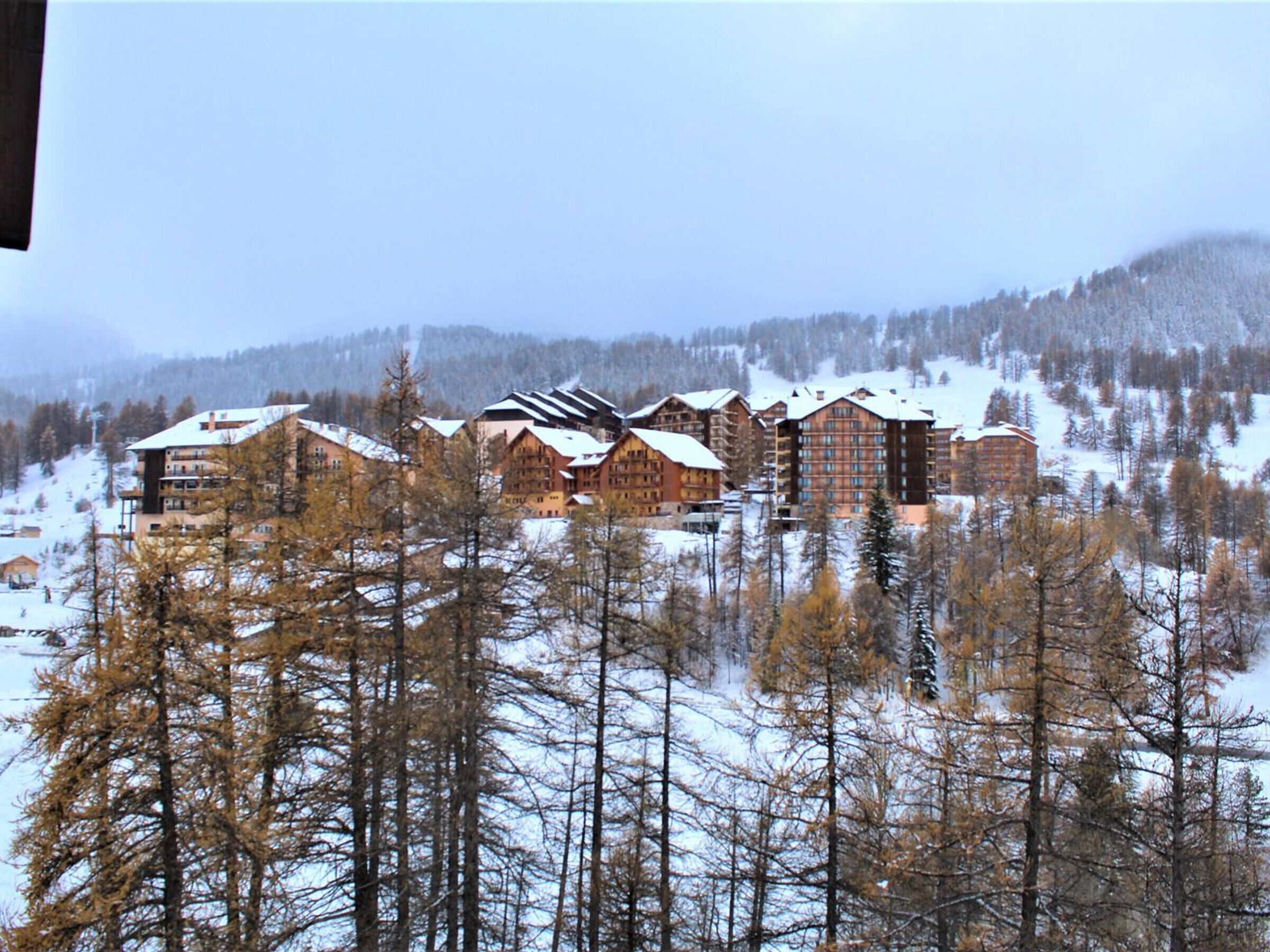 A cluster of log cabins with multiple stories, surrounded by a snowy forest.