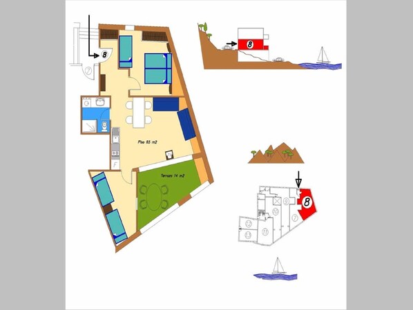 A floor plan of a hotel with a pool, terrace, and rooms labeled 8, 9, and 10.