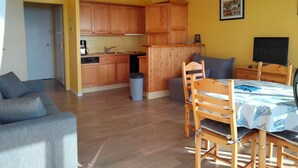 Een ruimtelijk ingerichte leefruimte met kitchenette, eethoek en een slaapbank.
