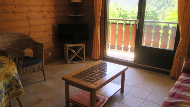 Une pièce chaleureuse avec un plancher en bois, un fauteuil en osier, une petite table surmontée d’un coussin rose, un téléviseur posé sur un meuble et un balcon offrant une vue sur la verdure.