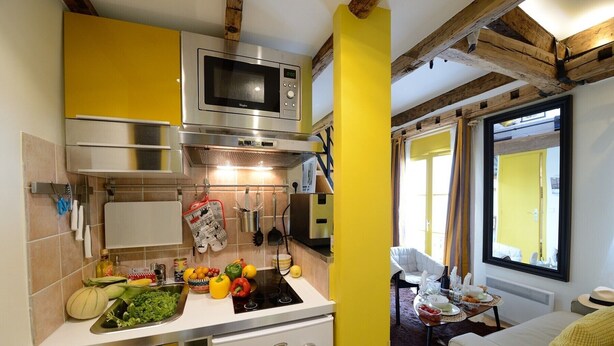 A compact kitchen with a microwave, oven, and various utensils. - E5GG Honey Mustard (París)