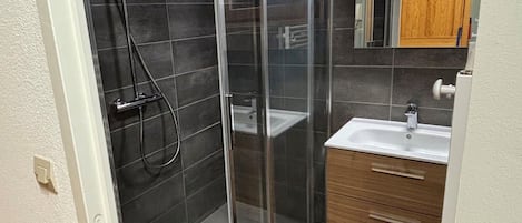 A modern bathroom with a glass-enclosed shower, a white sink, and a wooden cabinet.