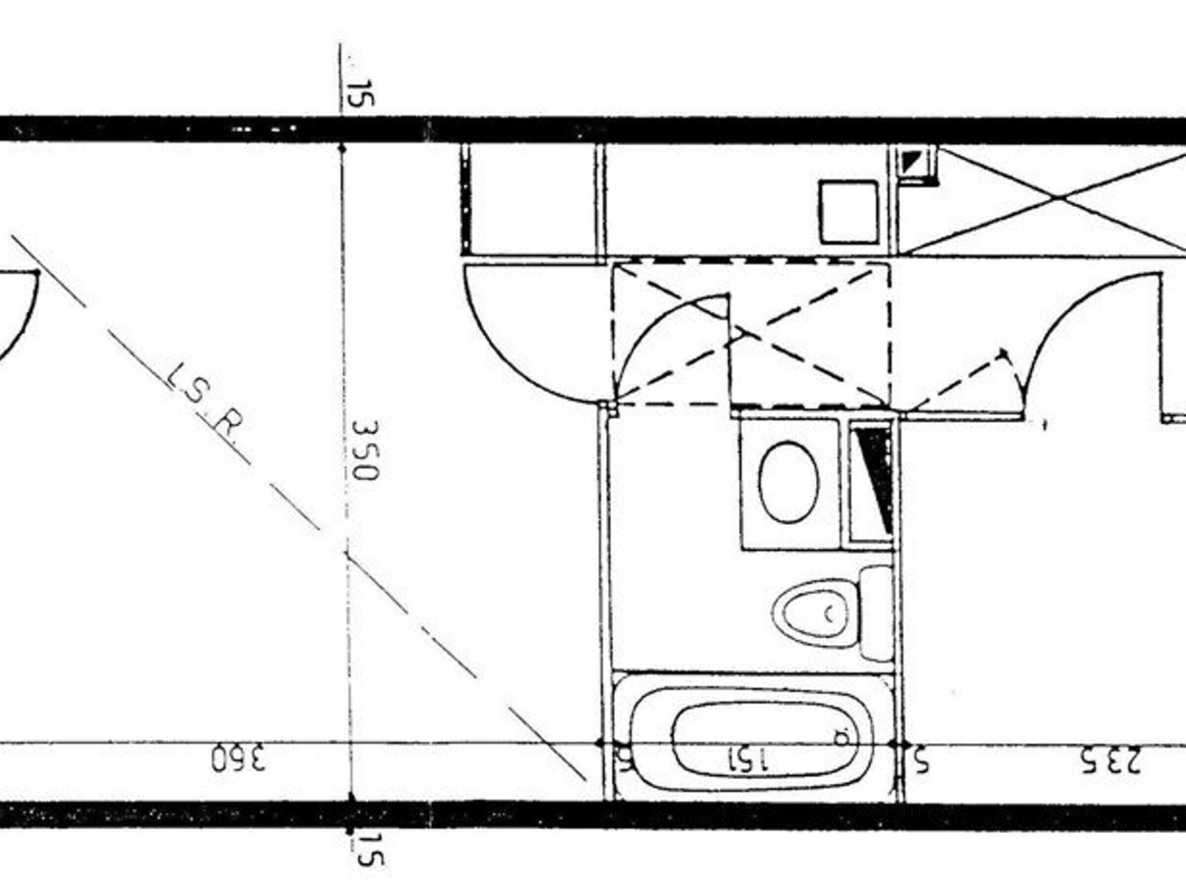 A floor plan with a central room measuring 350 units by 150 units, flanked by two smaller rooms, one measuring 150 units by 150 units and the other 150 units by 150 units.