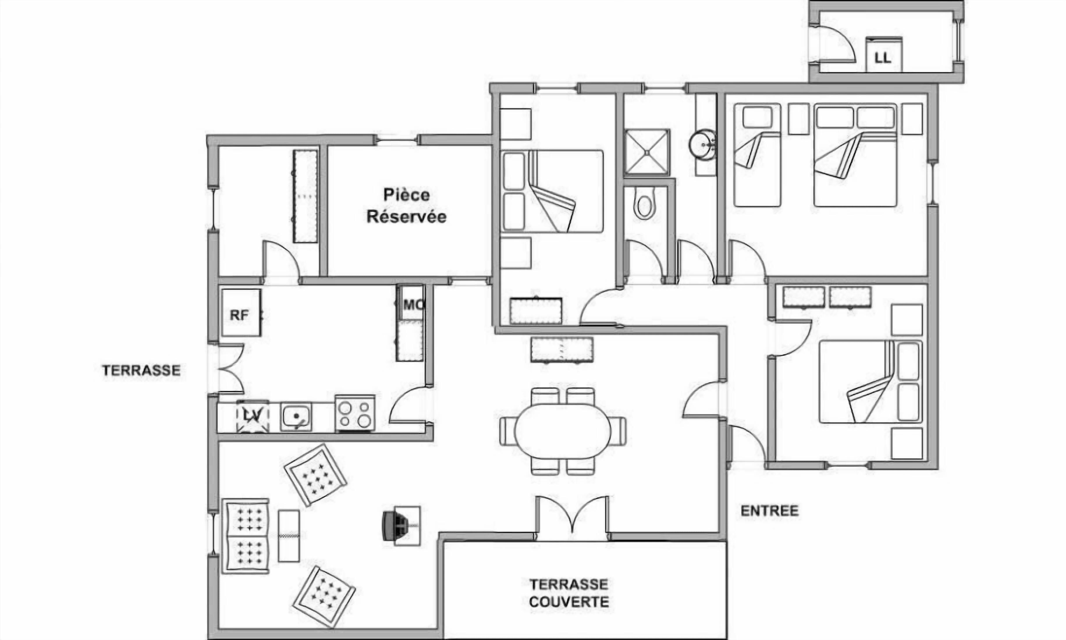 A floor plan of a hotel with a covered terrace, a private room, a kitchen, a dining area, and a bathroom.