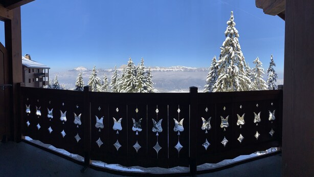 A balcony with a view of snow-covered trees and mountains.