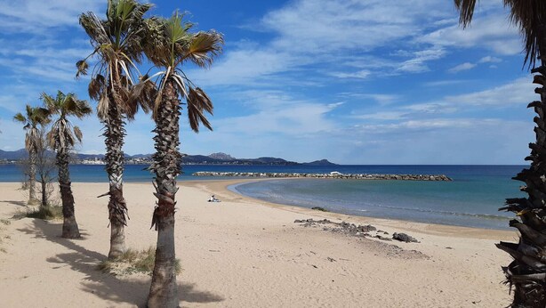 A sandy beach with palm trees and a clear blue sky. - Ground Floor Apartment Near Port Santa Lucia with Terrace and Garage (Saint-Raphaël)