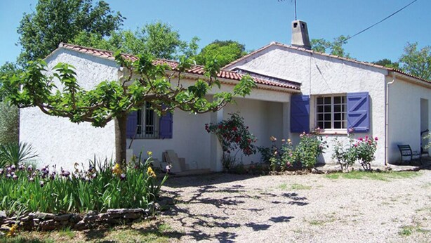 Una casa de una sola planta con techo de tejas, una chimenea y un pequeño jardín con flores y un árbol.