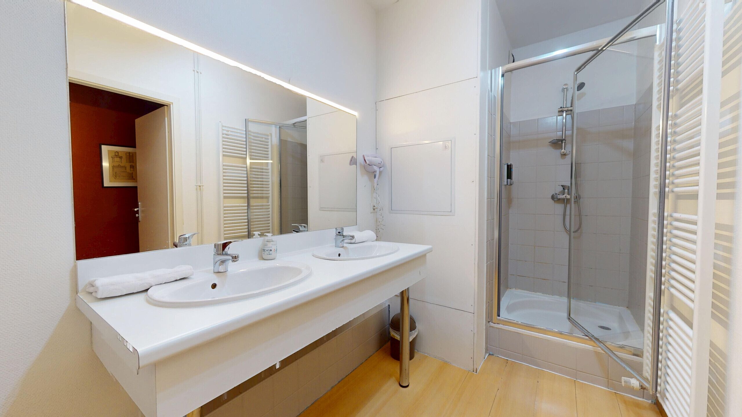 Bathtub, hair dryer, towels, soap