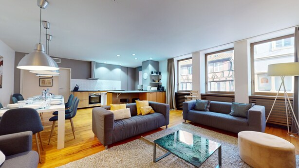 A modern apartment with a dining area, two sofas, a coffee table, and a kitchen in the background. - lacour ac 160m2 city center  4br3bth (Colmar)