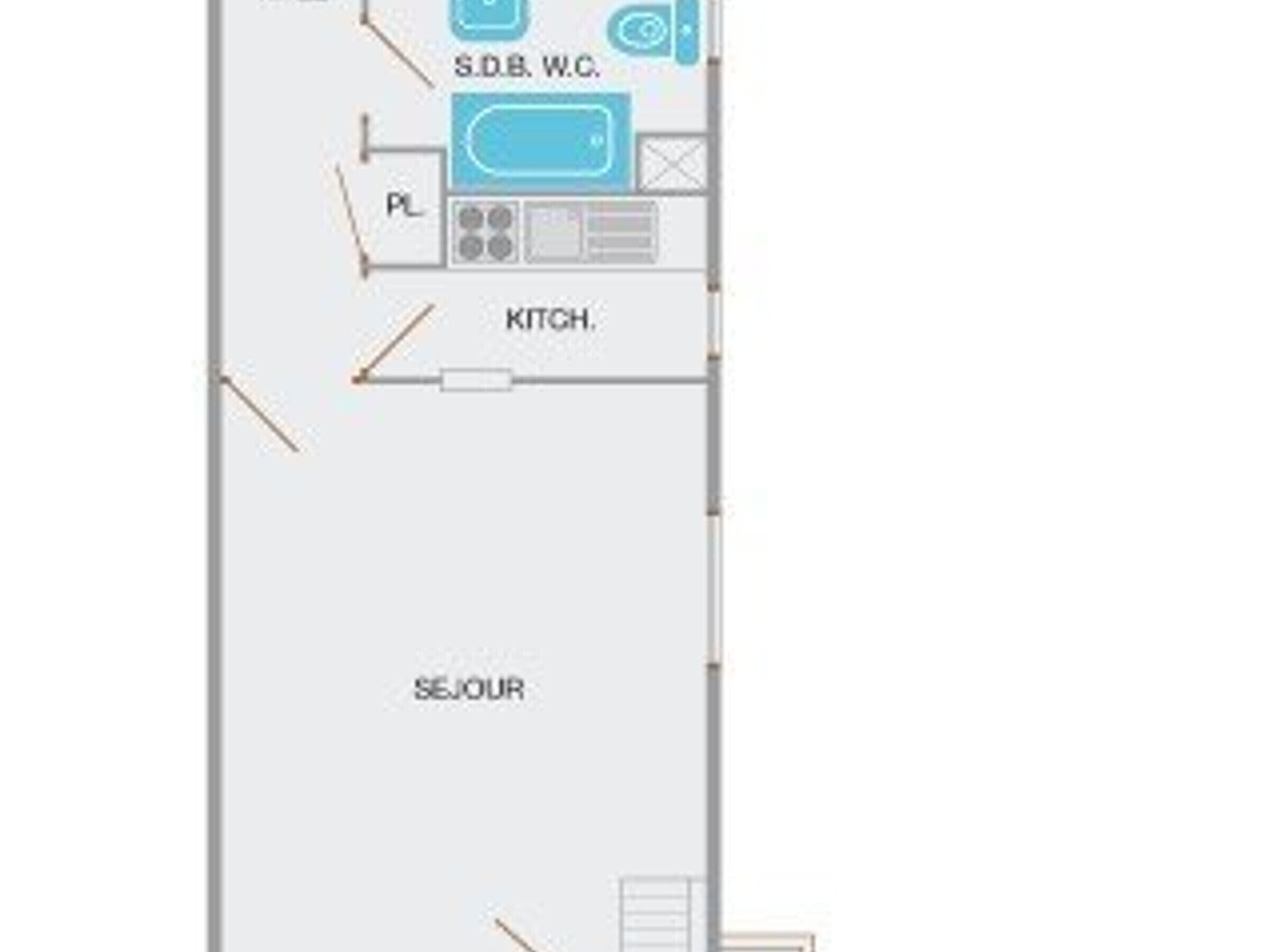 Un plano de planta que muestra una cocina, un baño y una sala de estar.