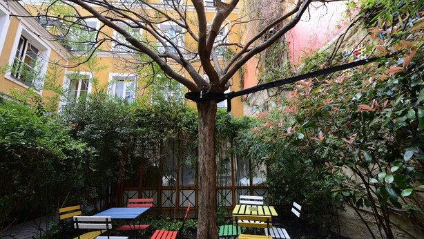 A courtyard with a tree, outdoor seating, and a building in the background. - E5DG Discovery (París)