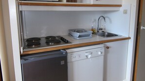 A compact kitchenette with a microwave, stove, sink, and dishwasher.