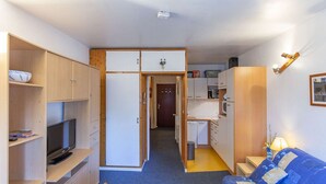 A compact room with a bed, a TV, wooden cabinets, a kitchenette, and a sofa.