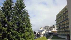 A multi-story building with a modern design, a grassy area with a pathway, and a sign for a bar and restaurant.
