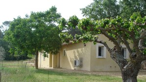 A single-story building with a beige exterior, a small porch, and a tree in the foreground.