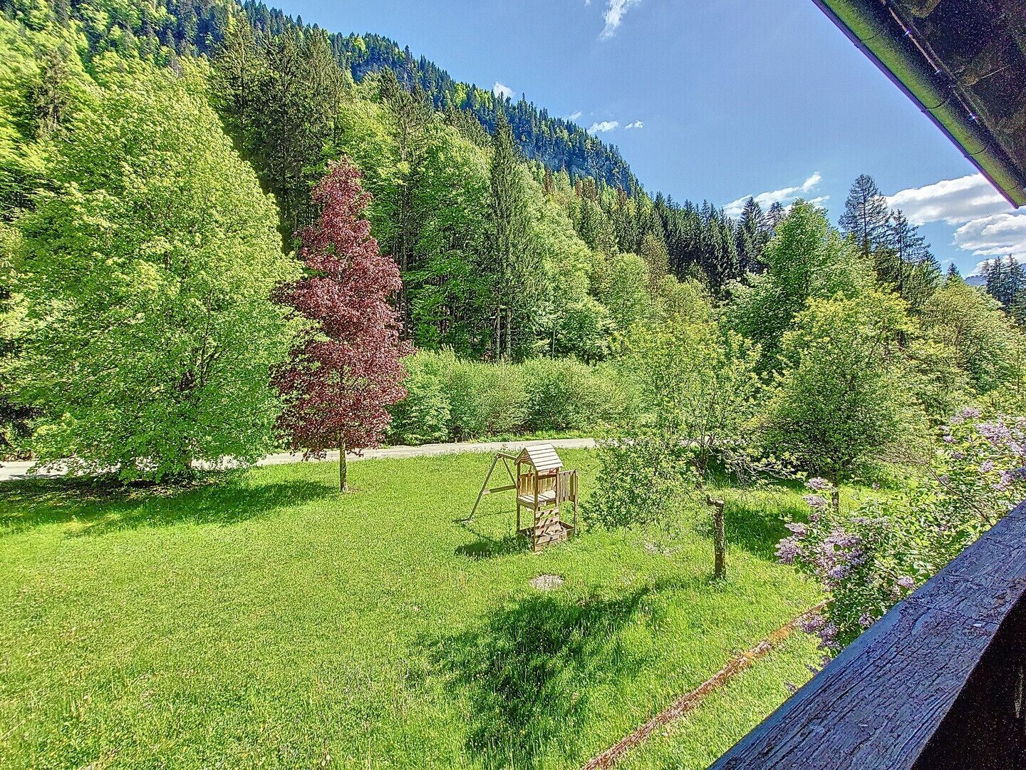 A grassy area with a wooden structure, surrounded by trees and a mountain in the background.