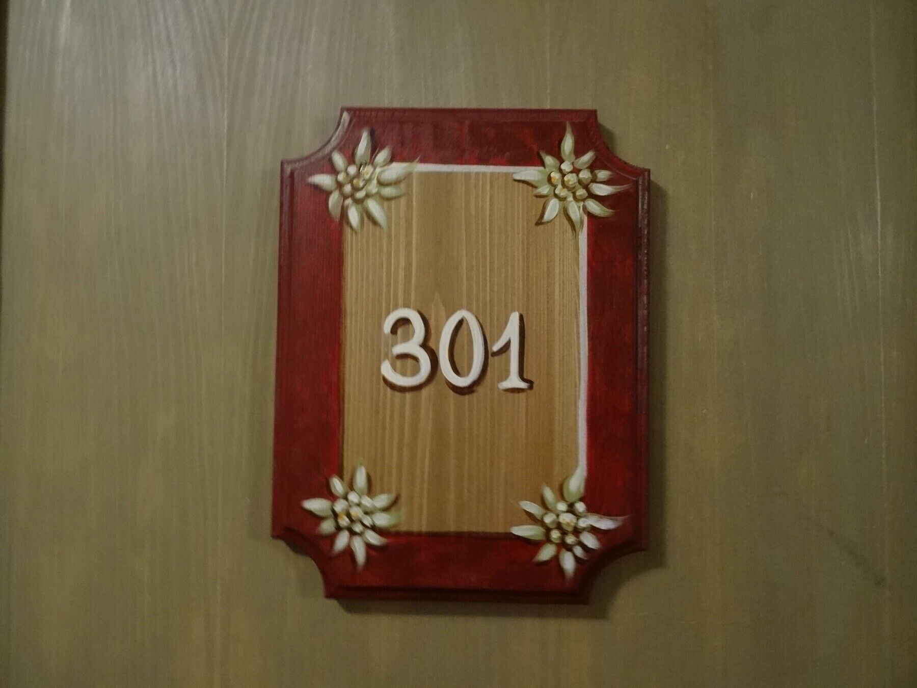 A wooden door with a red frame and the number 301.