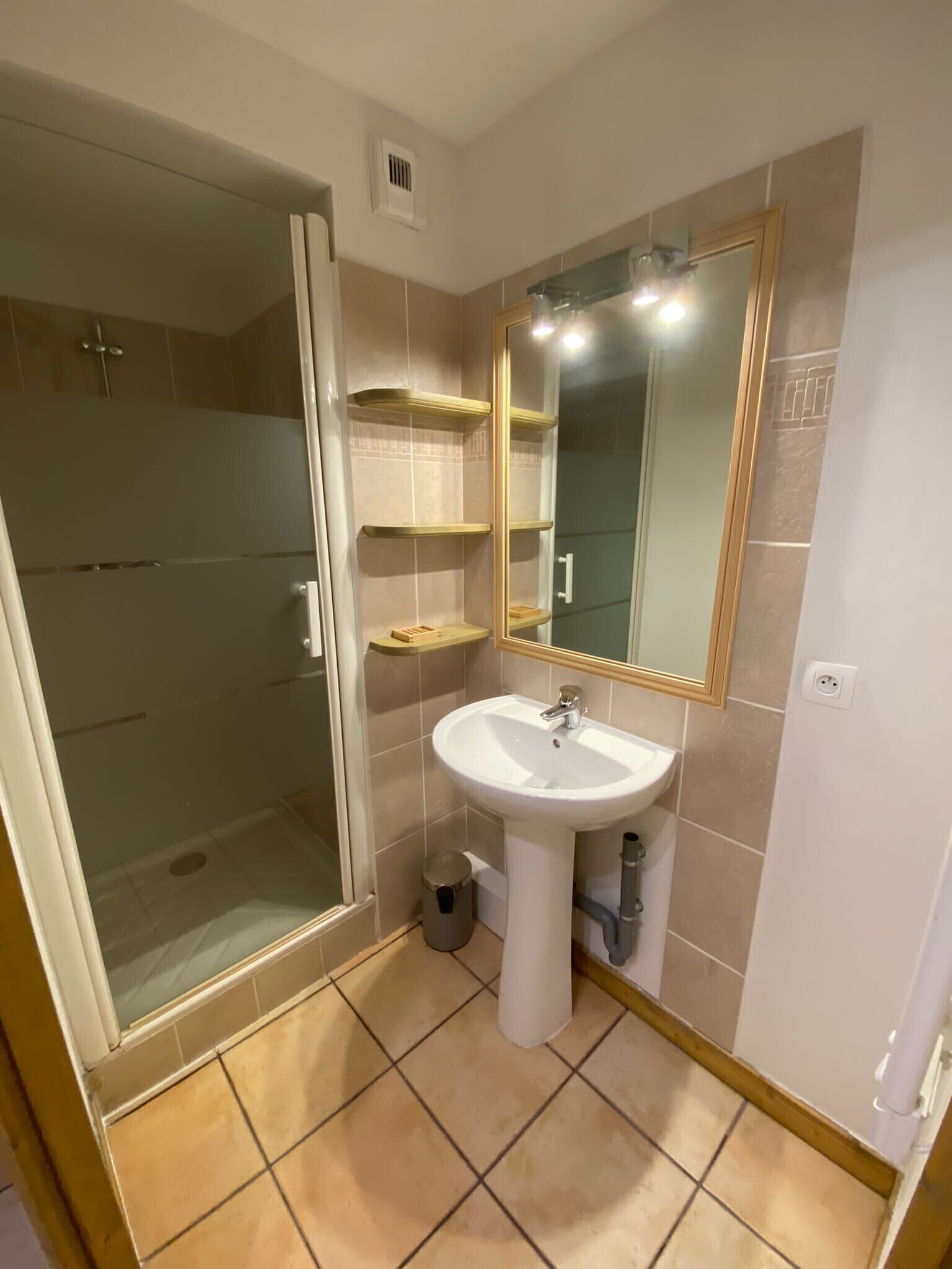 A bathroom with a glass shower enclosure, a pedestal sink, and a mirror with a wooden frame.