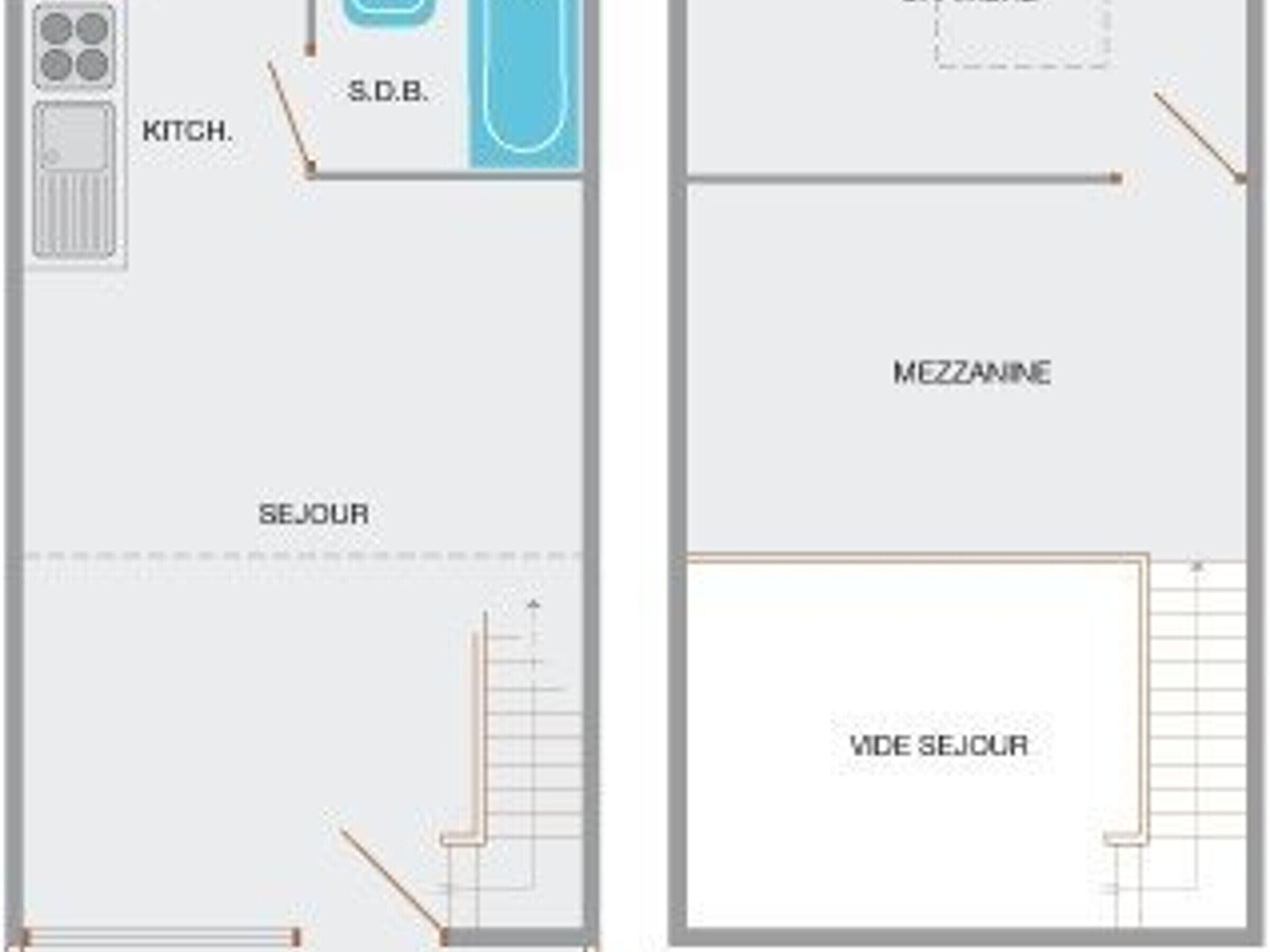 Ein Grundriss mit einer Küche und zahlreichen eigenen Bädern.