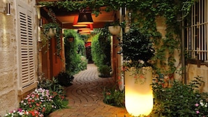 Un sendero de ladrillo estrecho bordeado por exuberante follaje y plantas en flor, que conduce a la entrada de un edificio con un gran columnario iluminado.