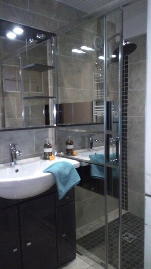 A modern bathroom with a glass shower enclosure, a large mirror, and two sinks.