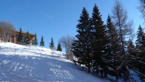 A snowy landscape with a building in the background.