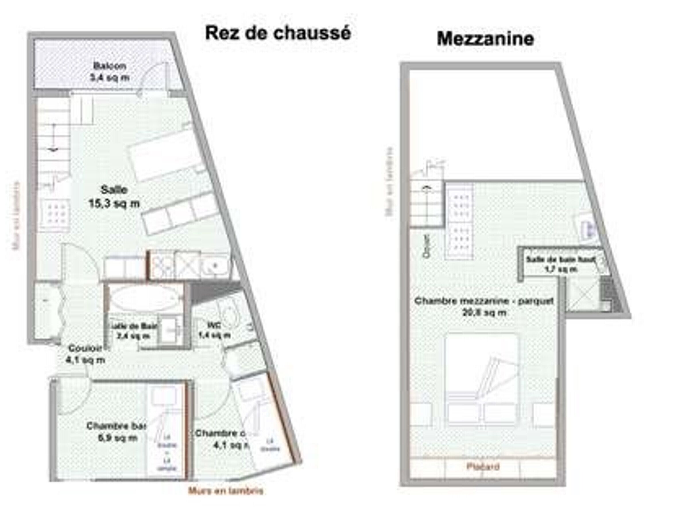 Floor plans of a hotel with a ensuite bathroom, a balcony, a sitting area, a bar, and a bedroom.