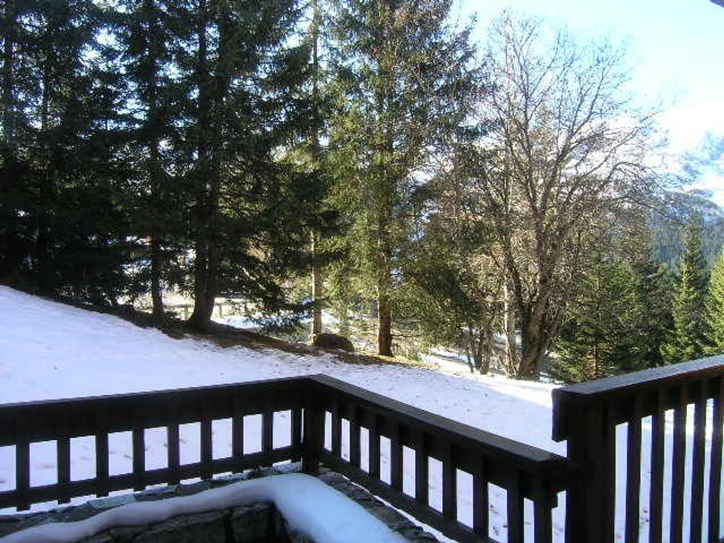 Une terrasse en bois, le sol couvert de neige et des arbres en arrière-plan.