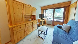 Ett kompakt bostadsutrymme med ett litet kök, en soffa och en tv.