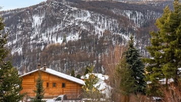Une cabane en bois offrant une vue sur une chaîne de montagnes enneigées.