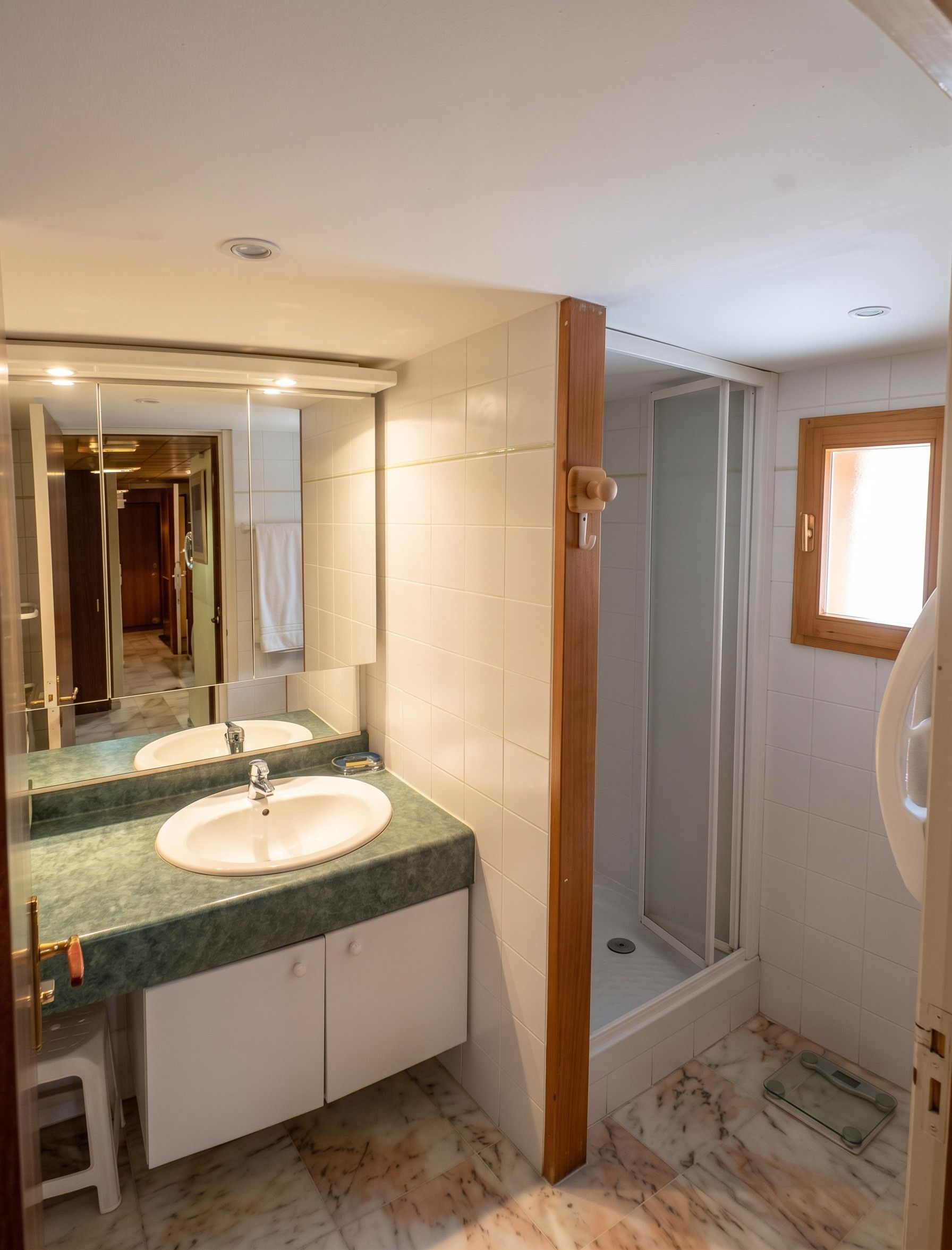 Un baño con dos lavamanos, una ducha y un espejo.