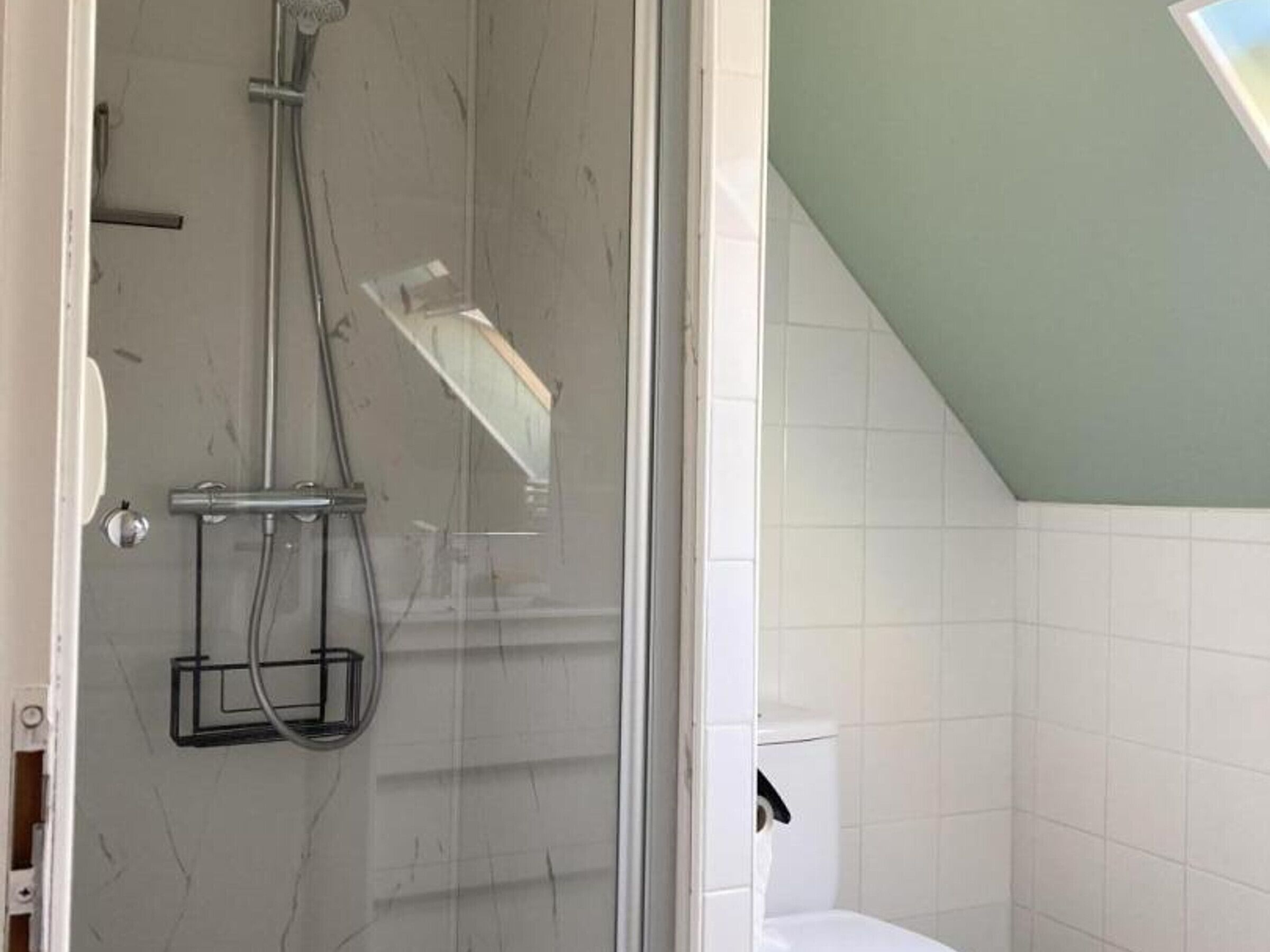Un baño con ducha, inodoro y tragaluz.