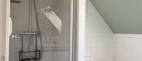 Un baño con ducha, inodoro y tragaluz.