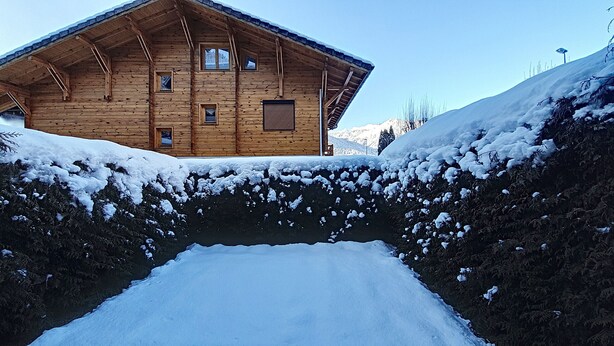 A wooden cabin with a sloped roof, a small window, and a door.