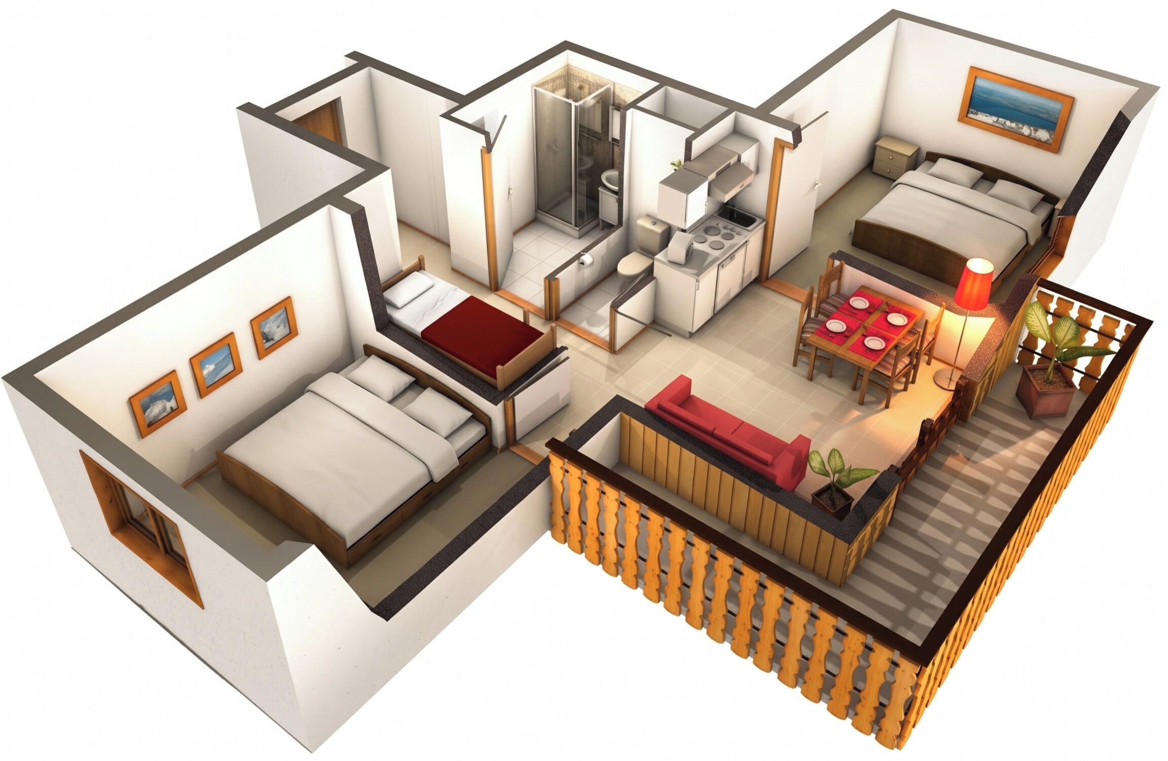 Un modèle 3D d’une chambre d’hôtel compacte comprenant un lit, une petite kitchenette, un coin repas et une salle de bain.