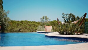 A swimming pool with a clear blue water, surrounded by potted plants and a wooden deck. - Melko Kivimökki (Puget-sur-Argens)